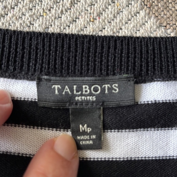 Talbots petites black white striped button down cardigan with flower neckline - Picture 9 of 16